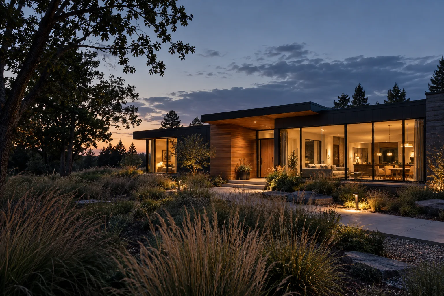 Architectural concept of a contemporary home with warm interior lighting