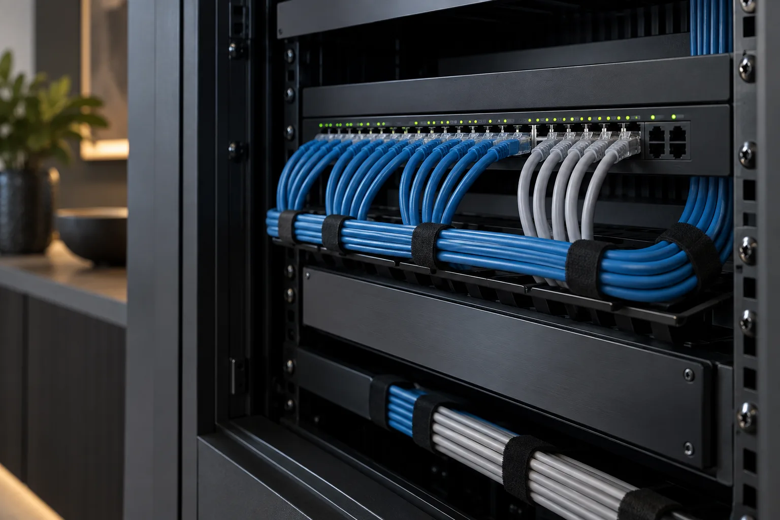 Concept image of an organized network rack with neatly routed cables