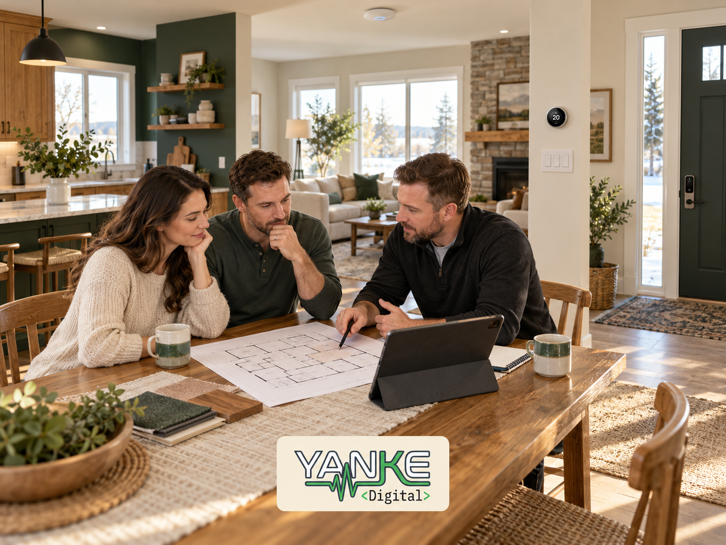 Homeowners and a technician review a floor plan and simple smart-home controls at a dining table, with the Yanke Digital logo at the bottom centre.