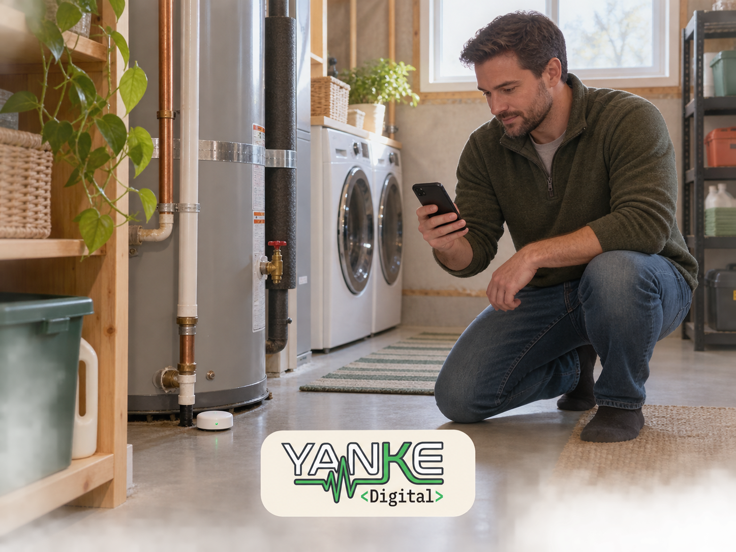 Water-leak sensor beside a water heater in an organized prairie-home utility room, with a homeowner checking their phone and the Yanke Digital logo at the bottom centre.