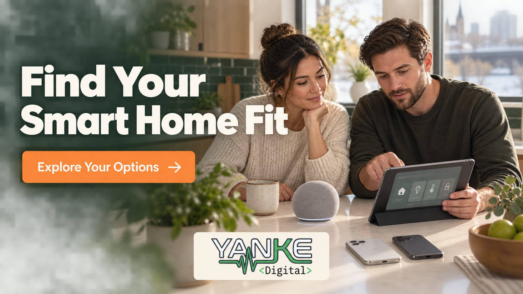 Two household members compare phones and a smart speaker on a kitchen island beneath Find Your Smart Home Fit and Explore Your Options.