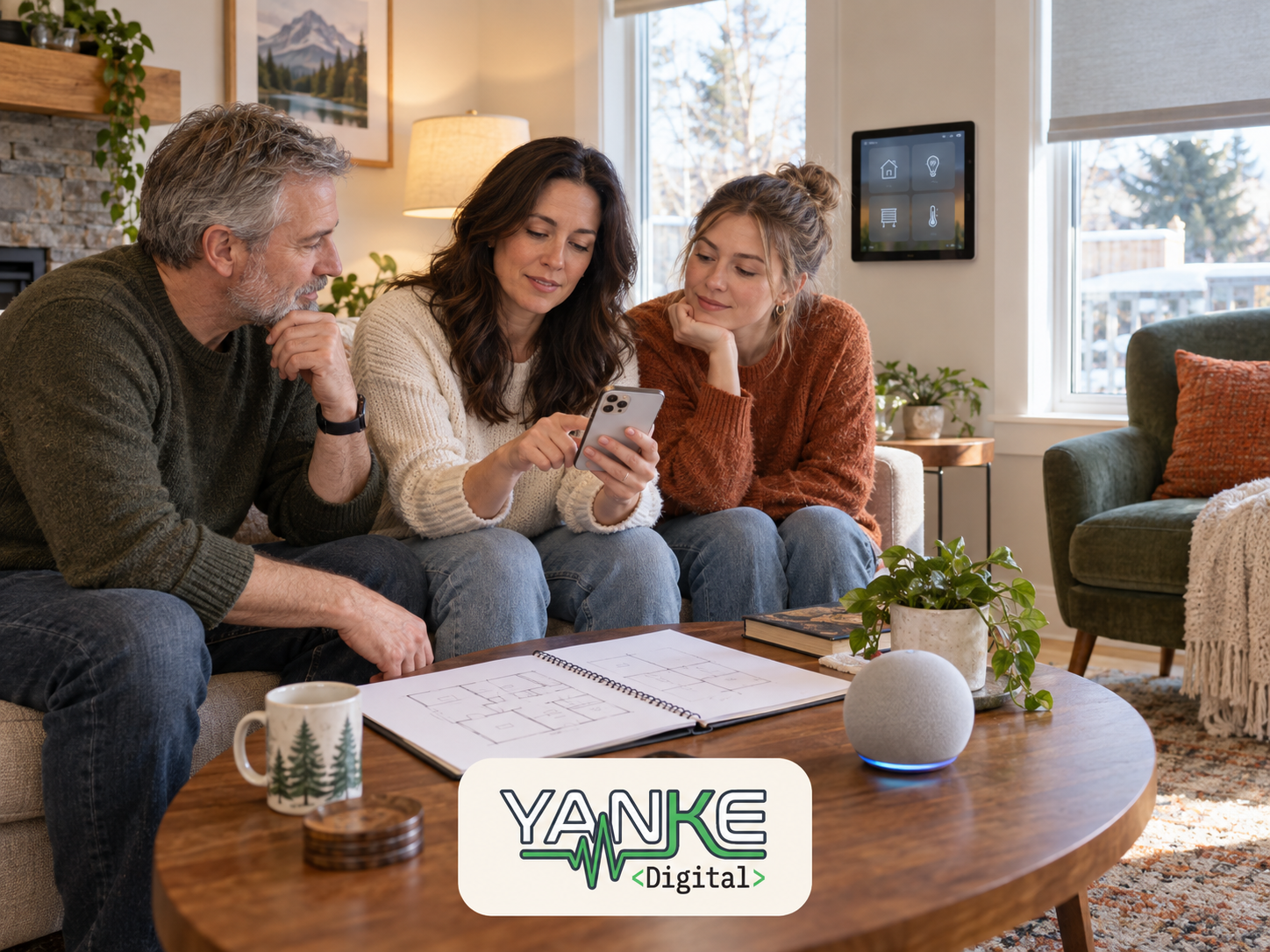 Household members discuss phone, wall-panel and voice controls in a bright living room, with the Yanke Digital logo centred near the bottom.