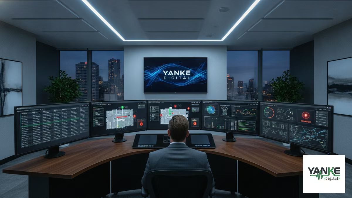 Professional security control center displaying integrated access control emergency response integration building safety dashboard with real-time monitoring and emergency protocols