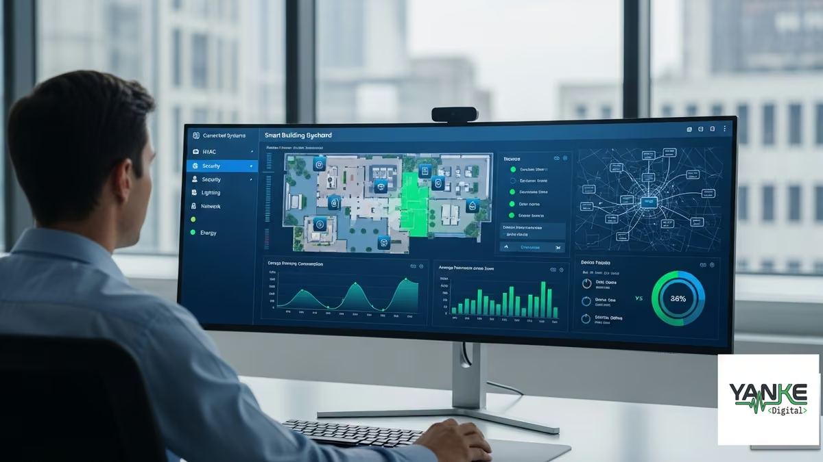 building automation troubleshooting integration problems: Building automation troubleshooting diagram showing network connectivity, device integration, and system monitoring on a commercial office dashboard