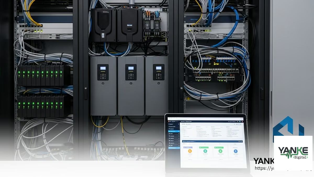 Professional disaster recovery smart building backup systems setup showing UPS equipment, network redundancy hardware, and battery backup modules in a modern server room environment
