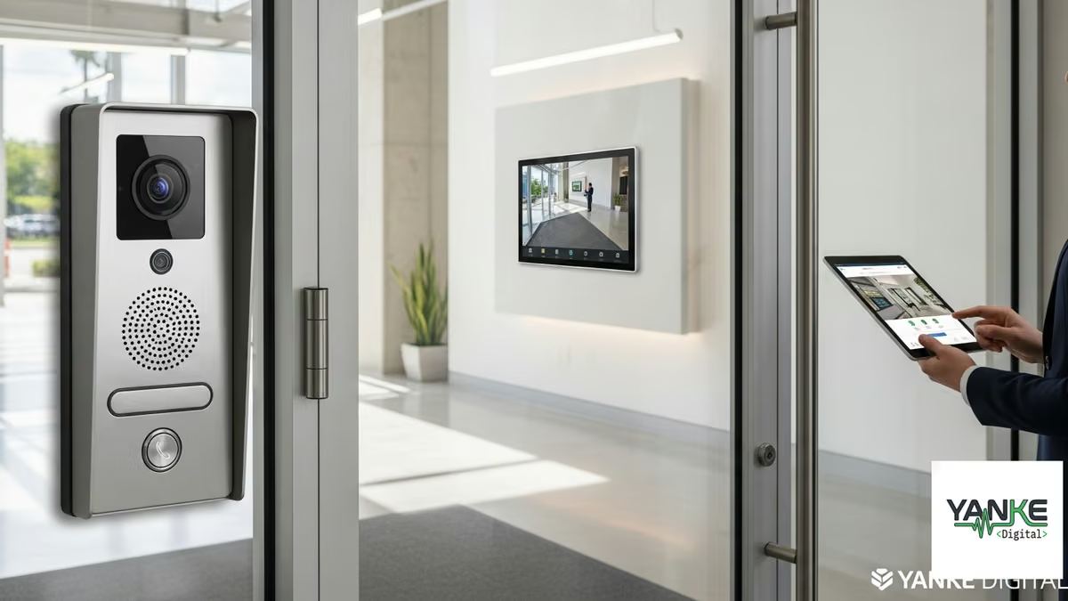 Modern IP video intercom system upgrade installation showing door station with HD camera and touchscreen indoor monitor for secure access control