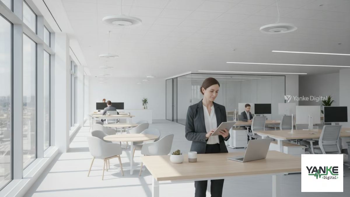 occupancy sensors space utilization commercial: Modern commercial office space with occupancy sensors integrated into lighting fixtures and ceiling infrastructure, showing how space utilization monitoring technology is deployed in contemporary workplace environments