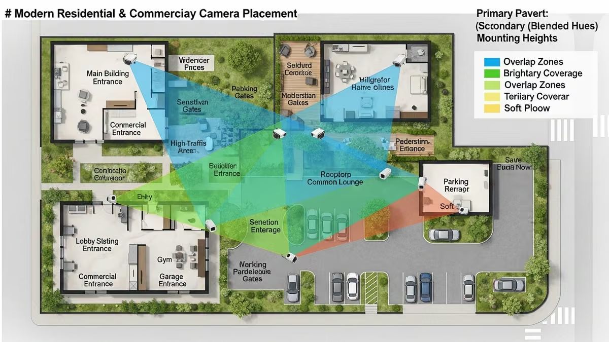 security camera placement strategy coverage: Professional security camera placement strategy diagram showing optimal coverage zones, mounting heights, and field of view angles for residential and commercial properties