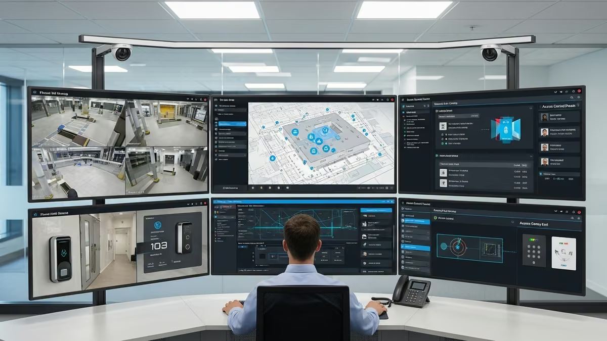 security cameras access control integration: Professional security cameras and smart access control system integration showing unified monitoring dashboard and integrated surveillance for commercial buildings