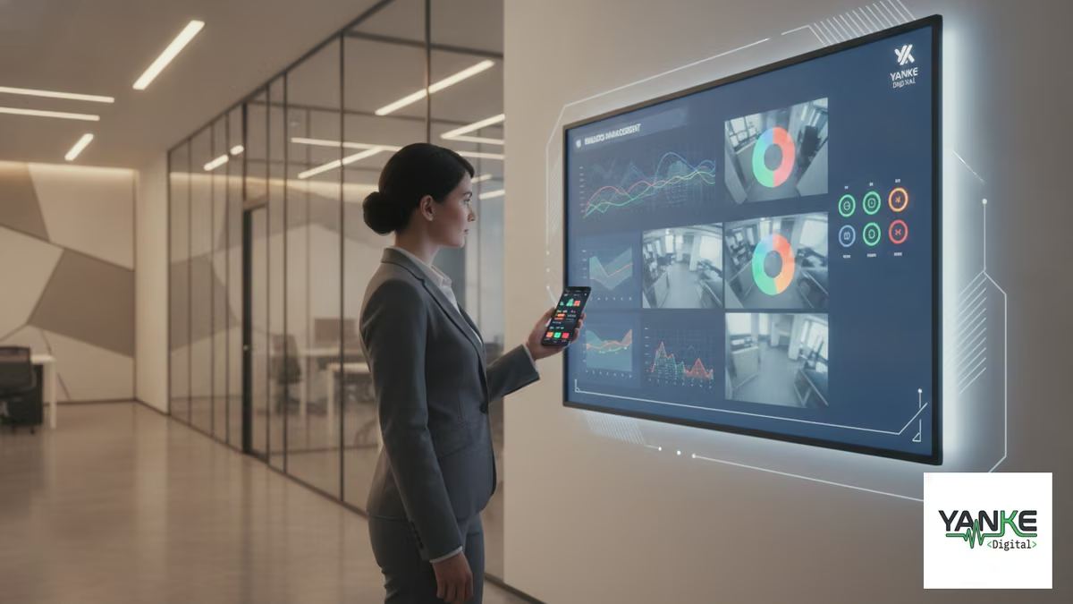 Property manager using a smart building mobile app vs web dashboard interface to monitor and control building systems remotely