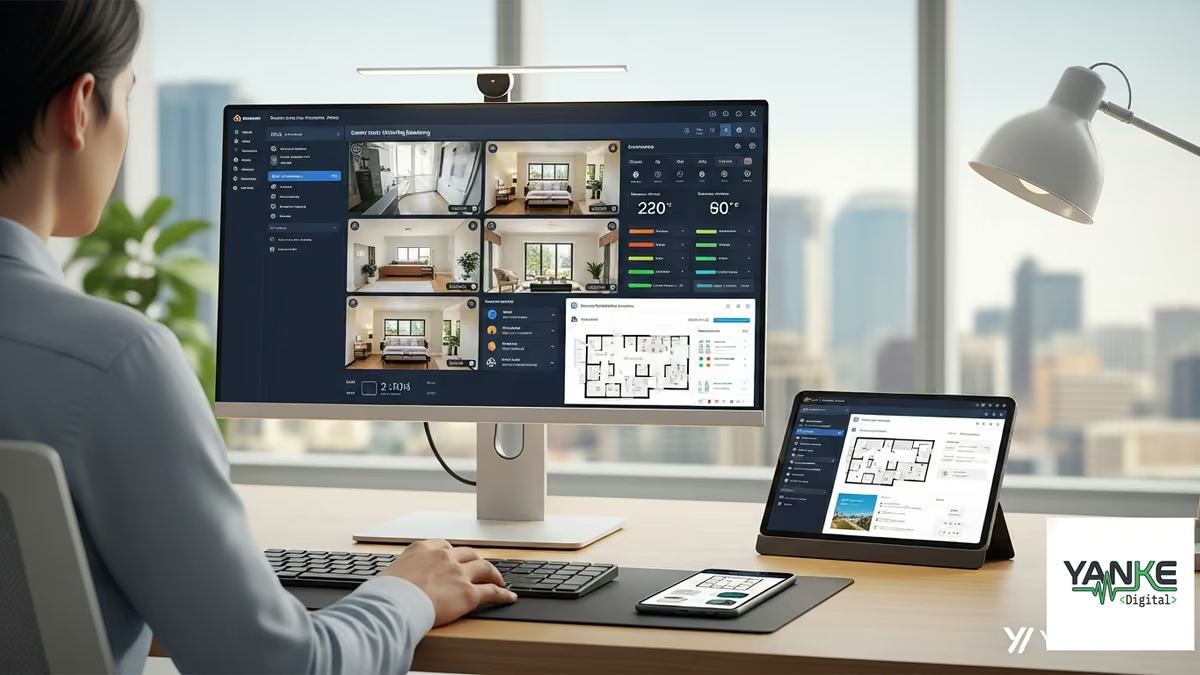 smart building monitoring vacation rentals property management: Smart building monitoring system for vacation rentals showing property manager remotely controlling smart locks, security cameras, and environmental sensors from a centralized dashboard for property management automation