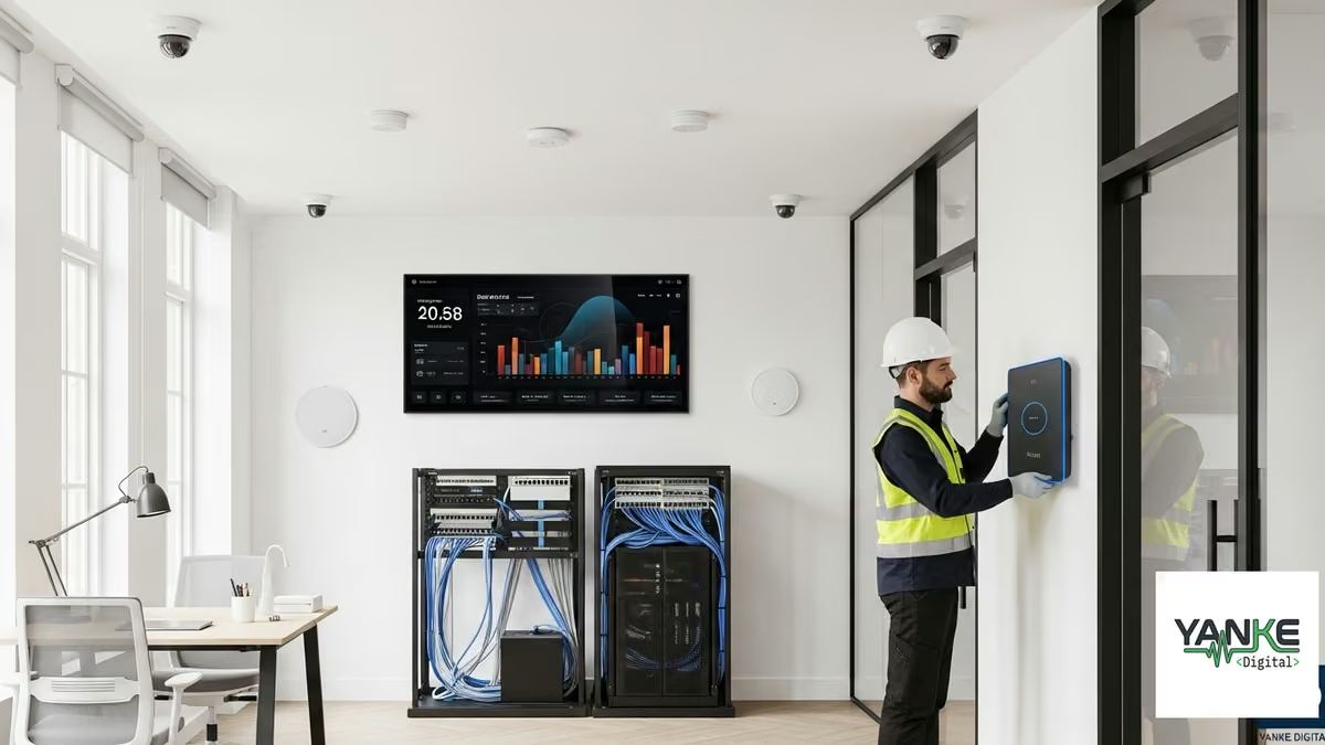 smart building retrofit existing properties: Modern smart building retrofit for existing properties showing integrated access control, security cameras, and environmental sensors installed in a commercial office space with Yanke Digital branding