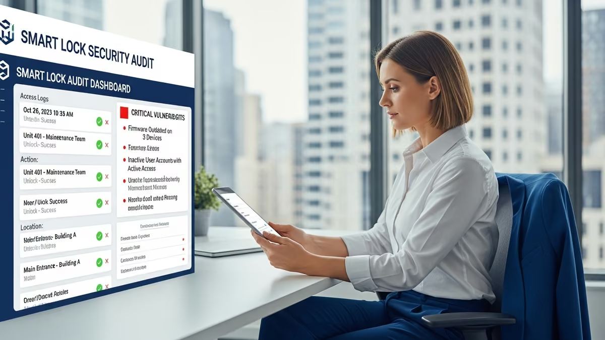 smart lock audit property managers vulnerabilities: Property manager reviewing smart lock audit report showing access control vulnerabilities and security assessment findings on tablet