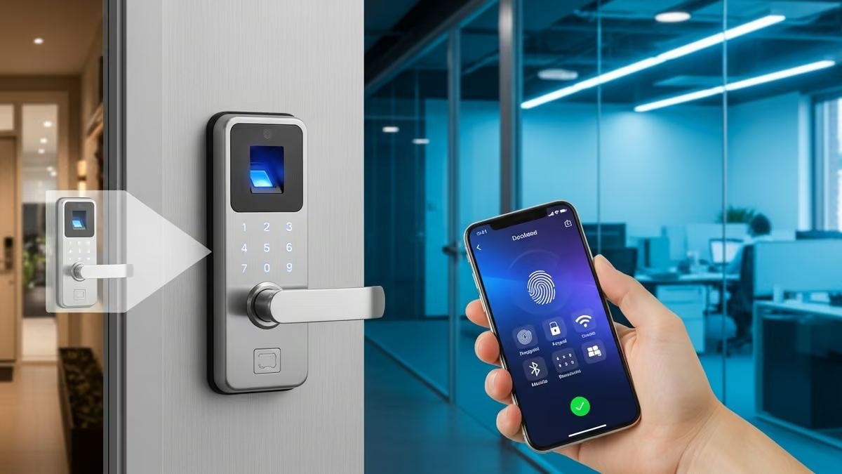 smart lock systems residential commercial: Professional smart lock systems installation showing modern keyless access control for residential and commercial properties with integrated security features