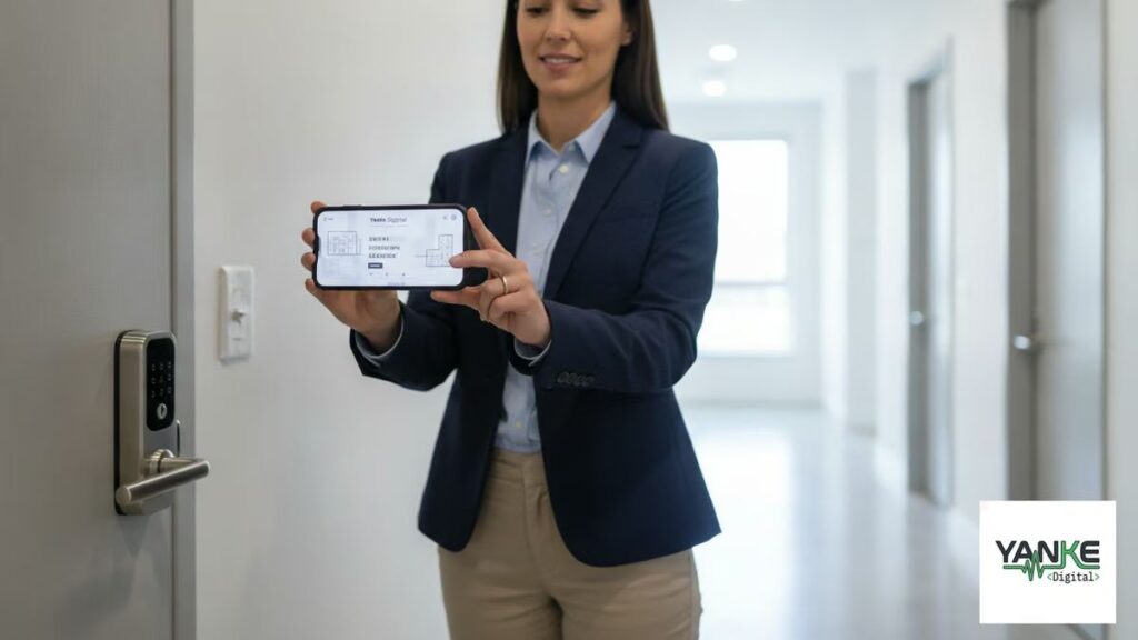 smart locks reduce tenant turnover costs: Property manager using smart lock access control system on mobile app to manage tenant turnover and reduce costs with keyless entry technology