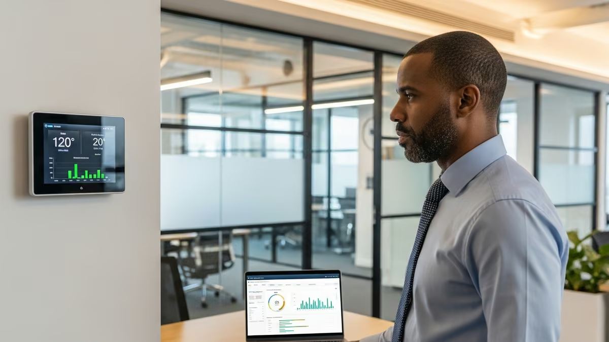 smart thermostat energy audit commercial buildings: Professional smart thermostat energy audit in commercial buildings showing HVAC system monitoring and energy efficiency analysis dashboard