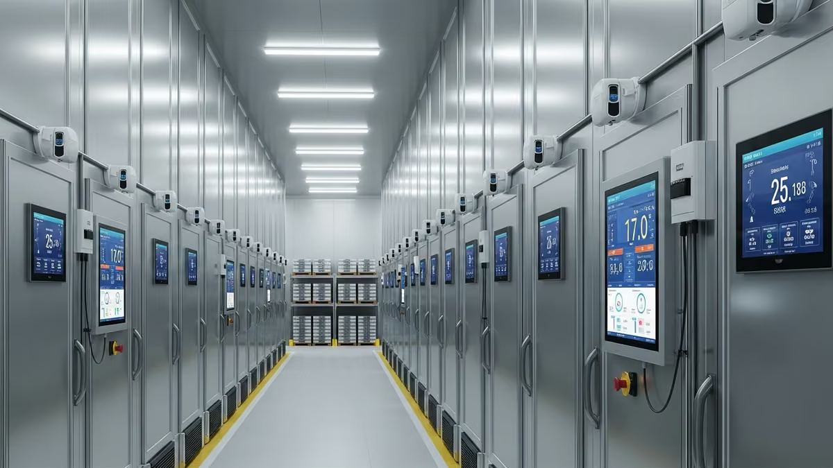 temperature monitoring cold storage warehouse compliance: Professional temperature monitoring cold storage warehouse facility with sensor equipment and digital dashboard displaying real-time compliance data