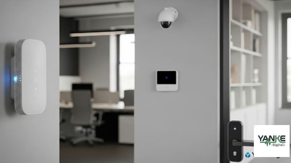 wifi network reliability smart buildings device connectivity: Professional network infrastructure showing mesh WiFi access points and smart building device connectivity in a modern commercial office environment